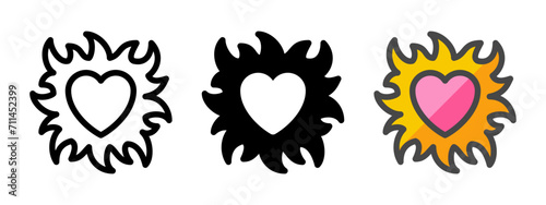 Multipurpose burning heart vector icon in outline, glyph, filled outline style. Three icon style variants in one pack.