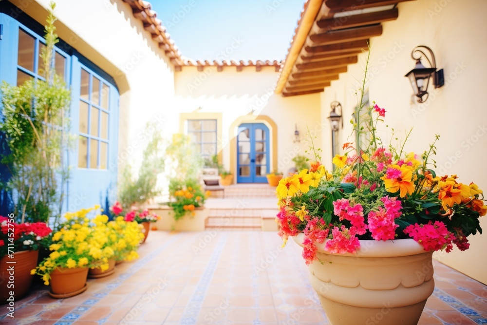 Fototapeta premium bright flowers lining a mediterraneanstyle courtyard
