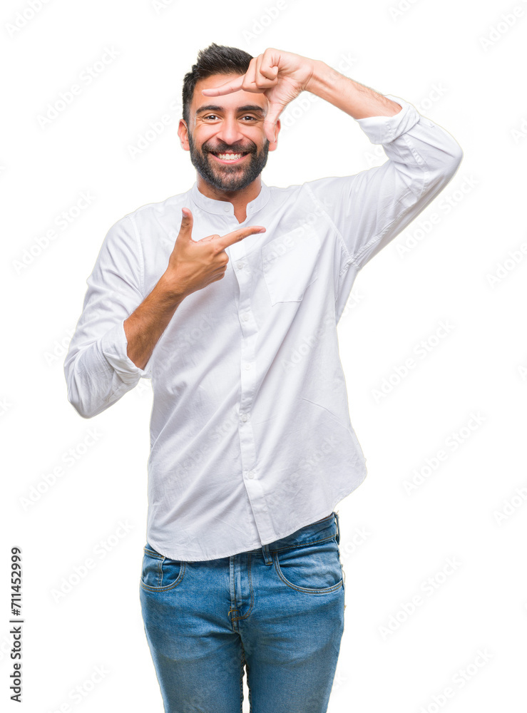 Adult hispanic man over isolated background smiling making frame with hands and fingers with happy face. Creativity and photography concept. Adult hispanic man over isolated background smiling making frame with hands and fingers with happy face. Creativity and photography concept.