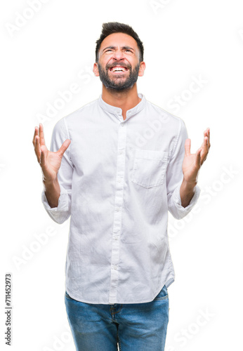 Adult hispanic man over isolated background crazy and mad shouting and yelling with aggressive expression and arms raised. Frustration concept.