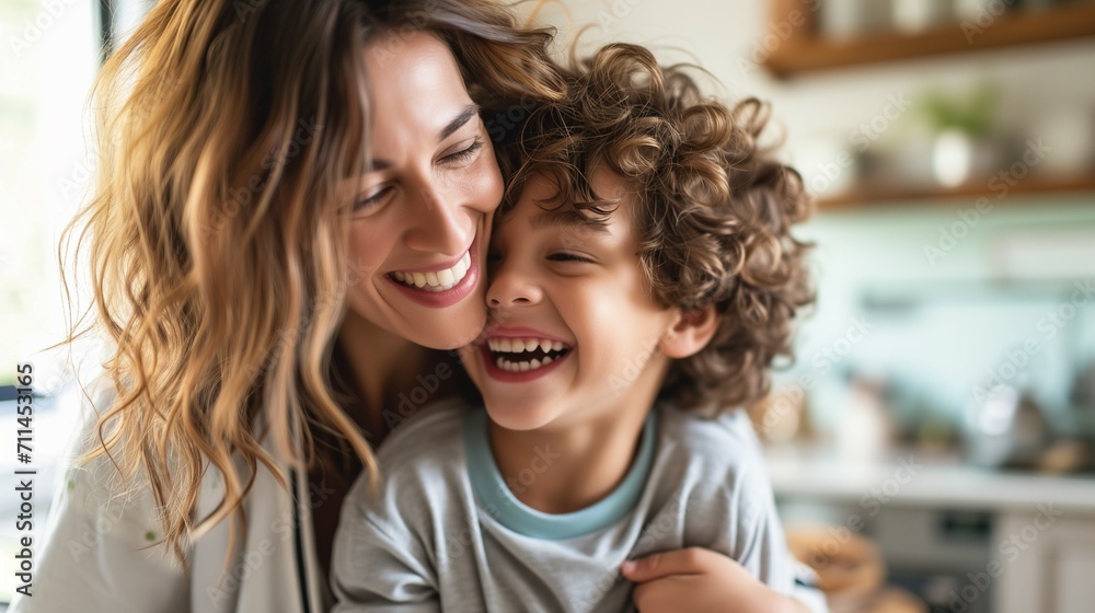 Mother and Son Enjoying Quality Time Together in a Joyful Close-Up Moment - Family Bonding and Happiness