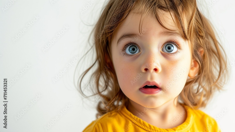 Frightened Child on White Background in Close-Up - Expressing Fear and Vulnerability Frightened Child on White Background in Close-Up - Expressing Fear and Vulnerability