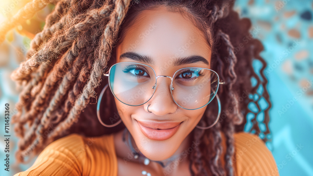 A teenage girl with long curly pigtail hair wearing glasses takes selfies looking at the camera. A teenage girl with long curly pigtail hair wearing glasses takes selfies looking at the camera.
