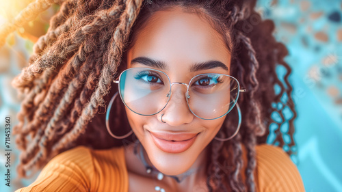 A teenage girl with long curly pigtail hair wearing glasses takes selfies looking at the camera. photo