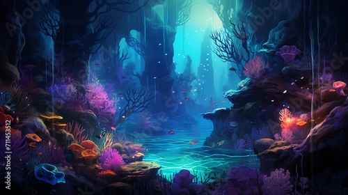 An ethereal underwater garden teeming with bioluminescent marine plants, vibrant corals, and mystical sea creatures - Generative AI