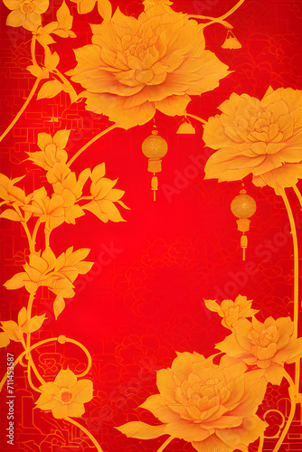 Golden Traditional Chinese new year card art with red asian oriental lanterns hanging from trees and vibrant blooming flowers Frame with writing space