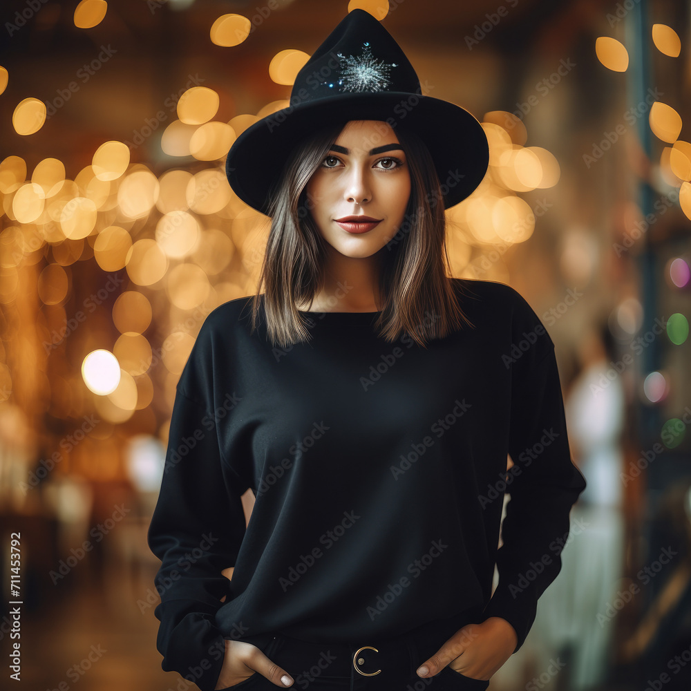 A beautiful girl wearing a blank onyx sweatshirt, dark onyx sweatshirt color, and a witch hat, focus on onyx tshirt, Carnival halloween background
A beautiful girl wearing a blank onyx sweatshirt, dark onyx sweatshirt color, and a witch hat, focus on onyx tshirt, Carnival halloween background