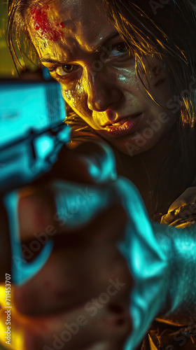 Female Holding a Gun with a Fierce Expression, Captured in a Tense Moment