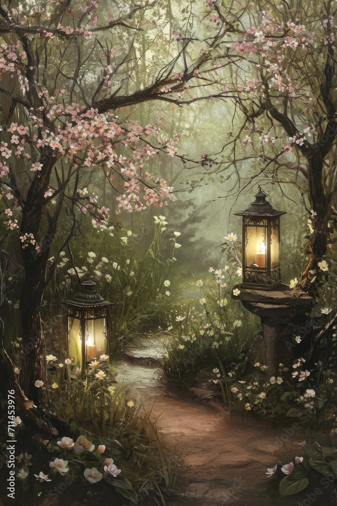 Tranquil Courtyard in Bloom, spring art Tranquil Courtyard in Bloom, spring art