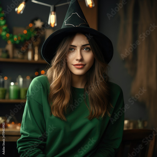 A beautiful girl wearing a blank pine green sweatshirt, dark pine green sweatshirt color, and a witch hat, focus on pine green tshirt, Carnival halloween background