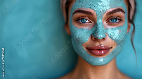 A young woman with a cosmetic mask on her face photo