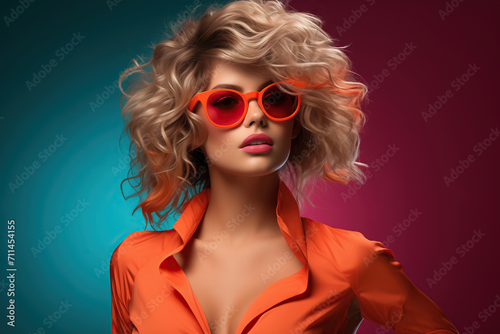 The Golden Sun Queen, An Enchanting Woman With Flowing Blonde Hair and Fiery Red Sunglasses The Golden Sun Queen, An Enchanting Woman With Flowing Blonde Hair and Fiery Red Sunglasses