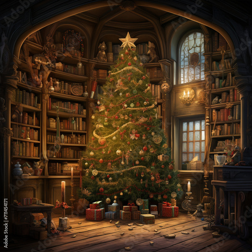 Magic sparkling Christmas tree. Magical Christmas holidays.