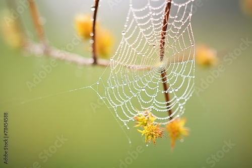 a spider web with morning dew droplets