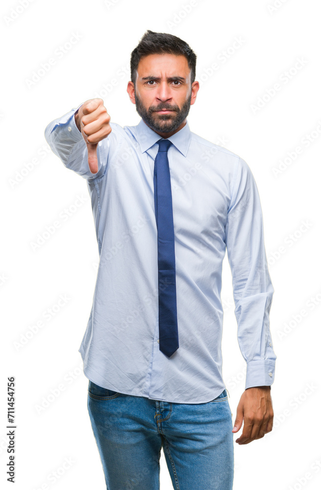 Adult hispanic business man over isolated background looking unhappy and angry showing rejection and negative with thumbs down gesture. Bad expression. Adult hispanic business man over isolated background looking unhappy and angry showing rejection and negative with thumbs down gesture. Bad expression.