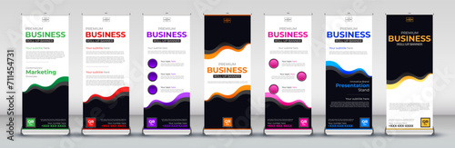 business Roll Up Standee Design for Banner Template, Presentation, and events in red, green, blue, yellow, orange, purple, pink