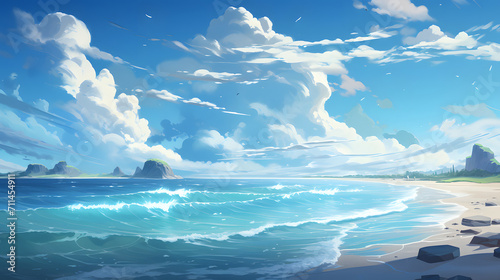 beach illustration background with clouds in summer © Helfin
