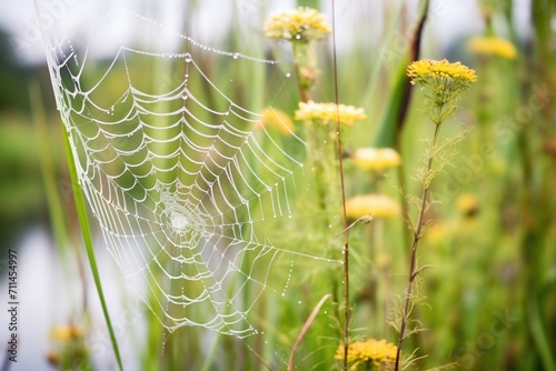 dewcovered spider web among wetland flora