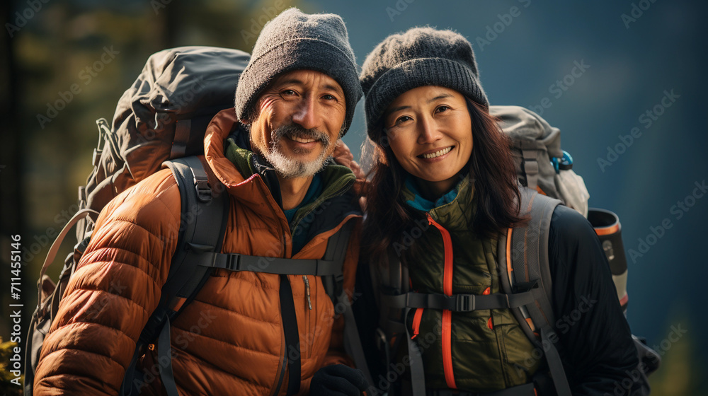 A couple of middle-aged tourists with a backpack on a hike in the mountains