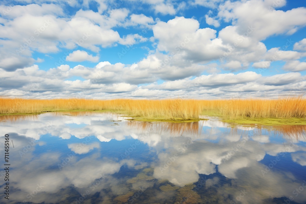 reflection of clouds on the glasslike wetland water