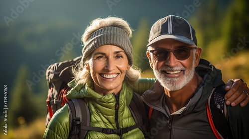 A couple of middle-aged tourists with a backpack on a hike in the mountains © ART_ist