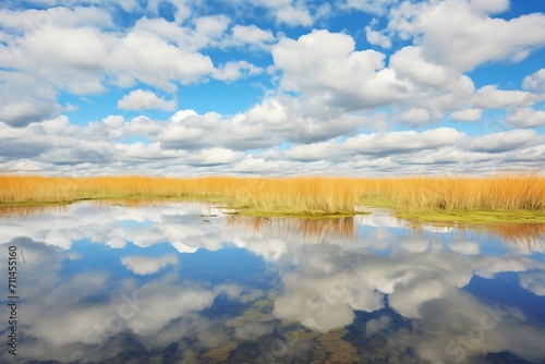 reflection of clouds on the glasslike wetland water