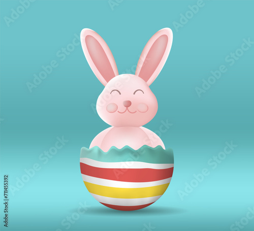 Easter bunny with colorful Easter eggs. Happy Easter holiday concept,  minimalistic style, 3d vector. Space for copying. © Ivan Voronov