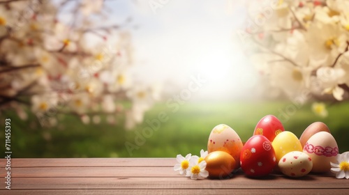 Easter eggs on wooden tabletop and blurred spring meadow as background for product display  Copy space