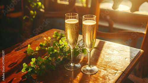 Product photograph of two glasses of champagne on a irish pub wooden table with clover bouquet in the center. Drinks. St. Patrick's . Friends 