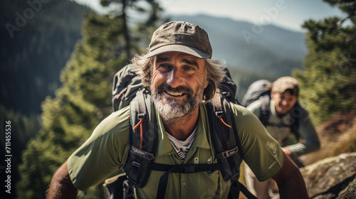 Elderly man with a backpack hiking in the mountains