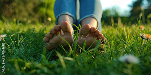 Barefoot Tranquility in Lush Grass. Female Bare feet resting on a vibrant green lawn dappled with sunlight, relaxation and connection with nature, daisy flowers. photo