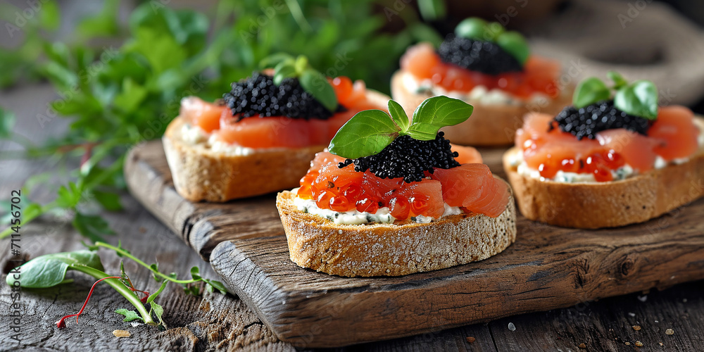 Sandwiches with caviar on a wooden table