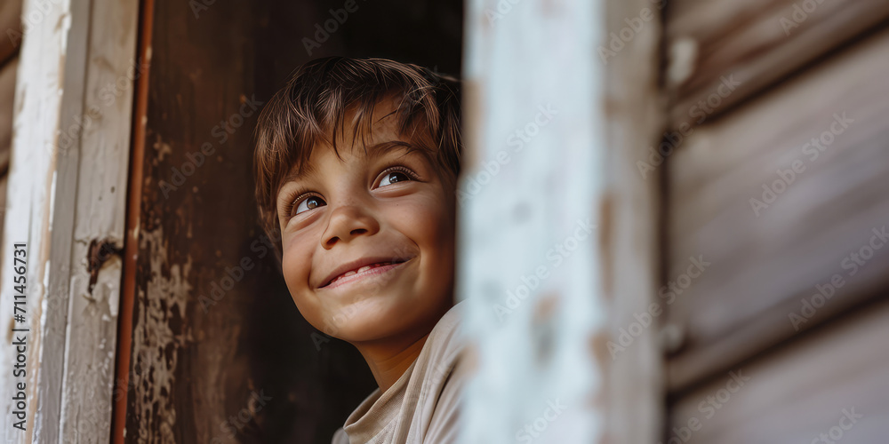 Cheerful Child at Rustic Window. Smiling boy at an old wooden window in countryside, embodying youthful joy. Cheerful Child at Rustic Window. Smiling boy at an old wooden window in countryside, embodying youthful joy.