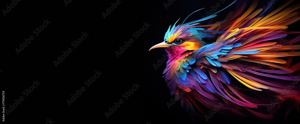 Colorful bird on black background, panoramic layout. Generative Ai