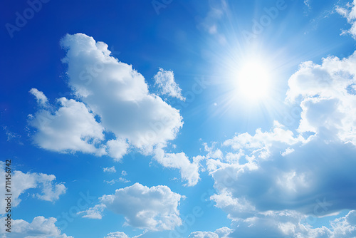Blue sky background with tiny clouds and sun. Beautiful nature scene. Generative Ai
