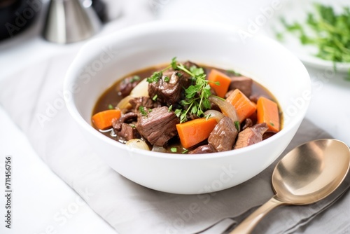 beef bourguignon in a white bowl with a spoon on the side