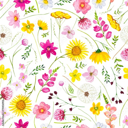 Seamless floral pattern with meadow flowers. Watercolor