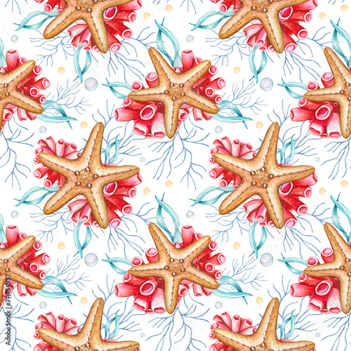 Sea seamless pattern with watercolor starfish, algae, corals