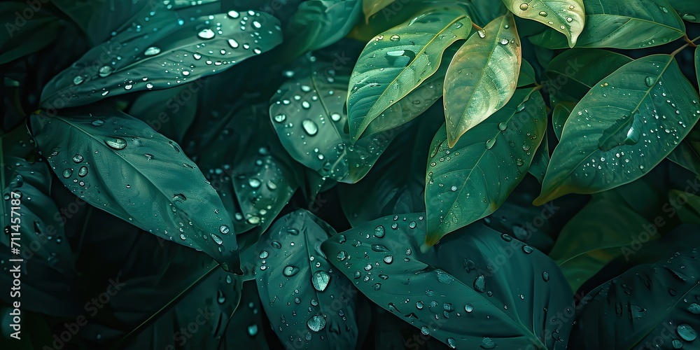 Fototapeta premium Nature elixir. Captivating image of morning dew adorning vibrant green leaf perfectly capturing essence of freshness and purity ideal addition to nature macro and environmental collections