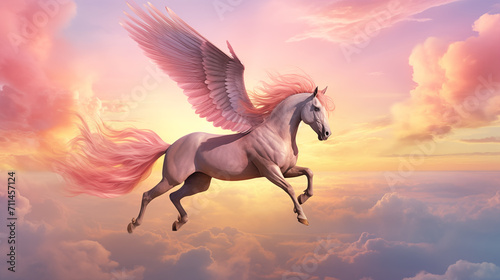 Cavalo alado cor de rosa voando no céu