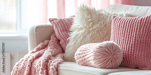 Cozy Home Comfort with Pink and White Bedding. Comfortable bed with pink and white fluffy pillows and a textured throw blanket, inviting relaxation. photo