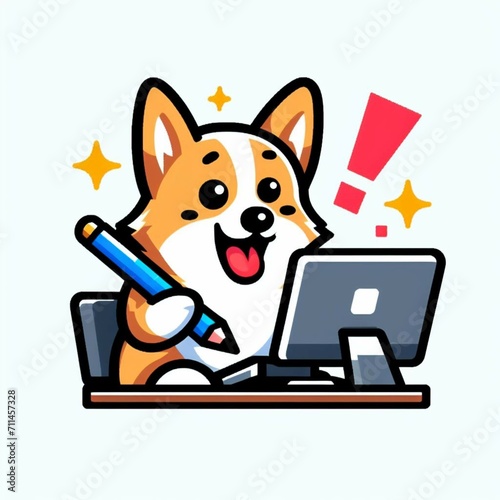 An icon of a Corgi dog typing on a computer with a surprised expression, on a white background, drawn in pixels.





