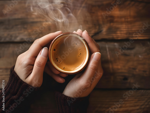 Close-up of Woman's hand holding a hot coffee mug with smoke on the background of a wooden table. Woman filling mug with hot fresh coffee in a morning. Close up shot