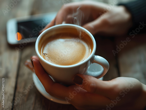 Young woman takes a break drinking hot coffee with smoke after reading or studying on a wooden table. Selective focus on cup