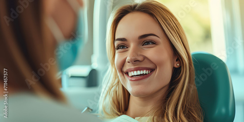 Happy Dental Patient.  Smiling young blonde woman sitting in a dental chair, showcasing healthy teeth.