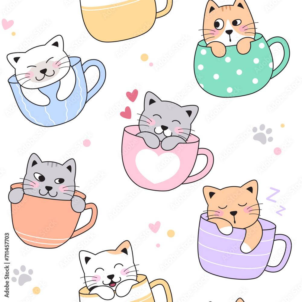 Cute cats, kittens in tea, coffee cups, mugs. Sleeping, hiding, happy, love pets. Set of simple cartoon vector drawings. Cute cats, kittens in tea, coffee cups, mugs. Sleeping, hiding, happy, love pets. Set of simple cartoon vector drawings.