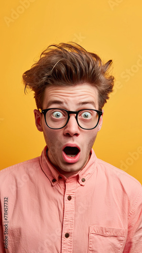 Shocked Male Student with a Stylish Hairdo, Staring Through Spectacles in Surprise. Yellow background. © Lila Patel