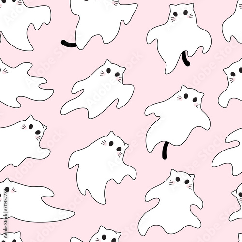 Simple cute cat, kitten ghost characters with tails and whiskers. Seamless vector pattern, background. Halloween spooky drawings.