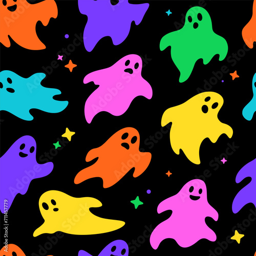 Simple cute color, colour sheet ghost characters, seamless vector pattern, background. Bright halloween spooky drawings.