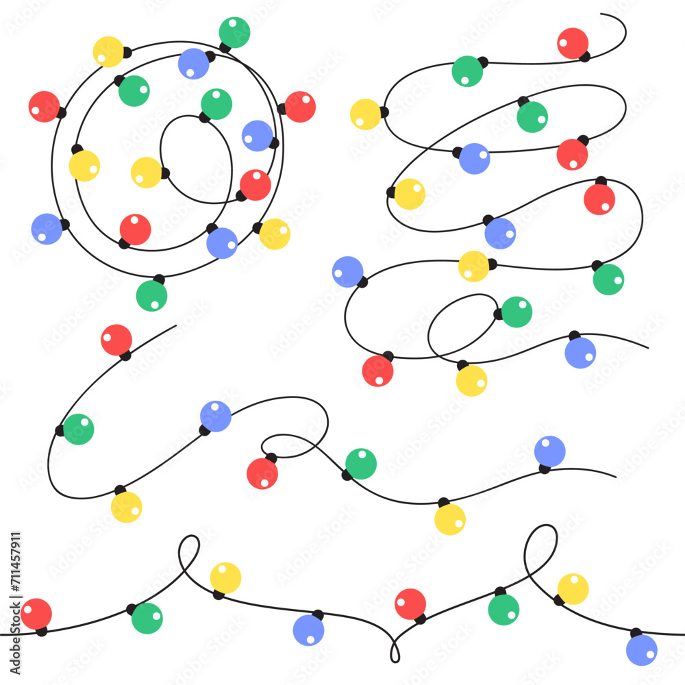Naklejka premium Garland with lights, color bulbs, shiny lamps, set of simple vector illustrations, drawings. Christmas, new year, holiday, party flat illustration.